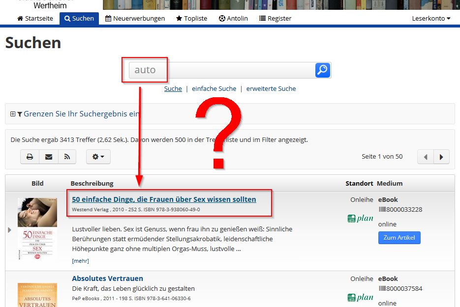 Screenshot Kuriose Suchergebnisse bei der Stadtbücherei Wertheim
